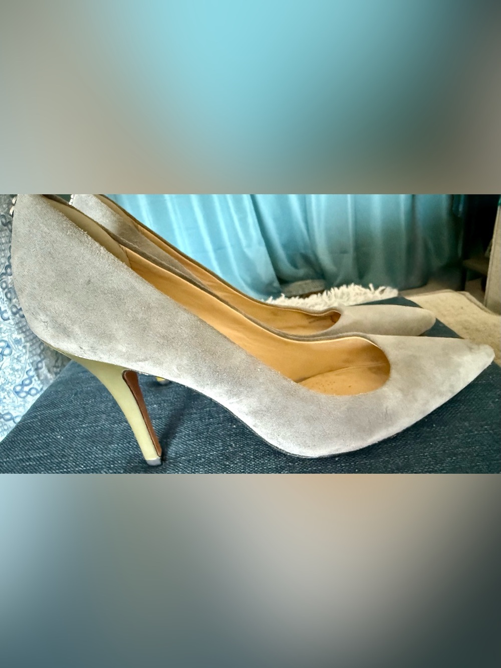 Coach Gray Suede Pointed-Toe 4” Pumps with Patent Leather Heel and Spine